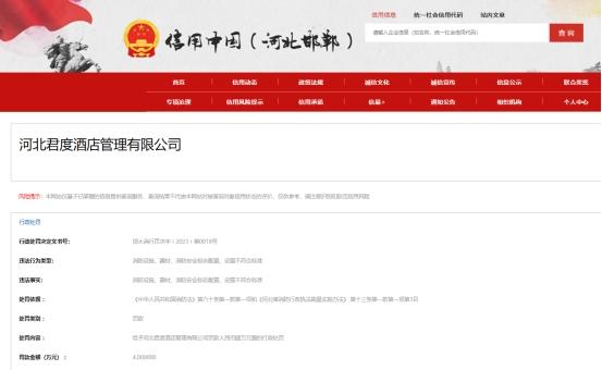 河北君度酒店有限公司因违反《中华人民共和国消防法》被罚4万元